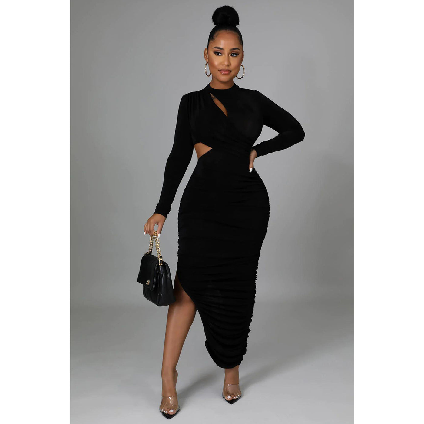 Women Wear Solid Color Pleated Round Neck Long Sleeve Dress