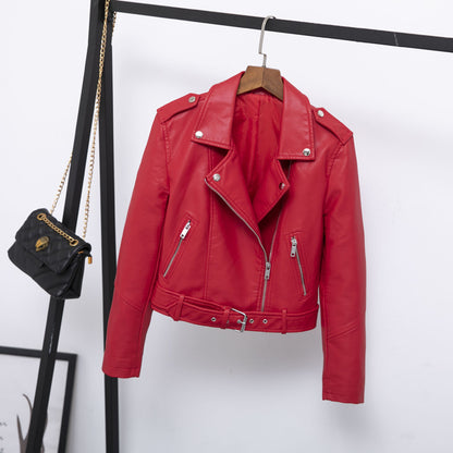 Autumn Epaulet Collared Short Belt Women Faux Leather Coat Simple Leather Jacket Motorcycle Jacket