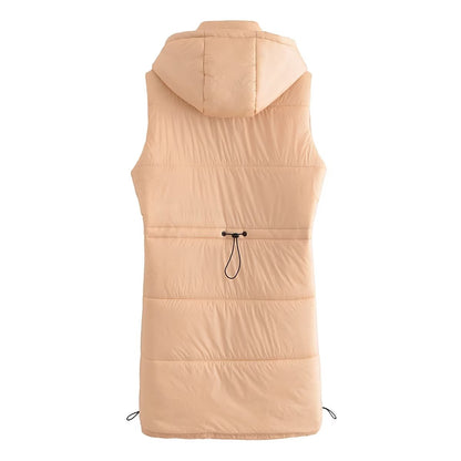 Autumn Hooded Long Vest Casual Simple Drawstring Slim Fit Cotton Padded Jacket Cotton Warm Jacket