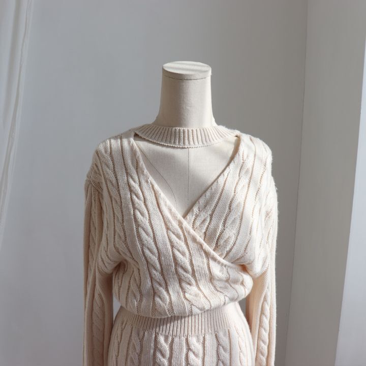 Personalized Versatile Round Neck Fried Dough Twist Pattern Two Way Design Careful Machine Split Sweater Dress Women