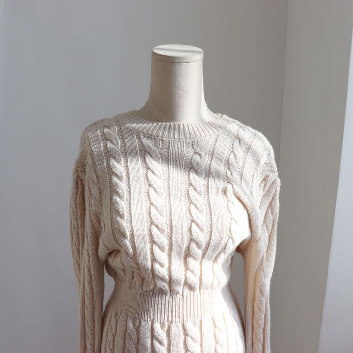 Personalized Versatile Round Neck Fried Dough Twist Pattern Two Way Design Careful Machine Split Sweater Dress Women
