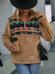 Ladies Plush Loose Pullover Multicolor Geometric Abstract Printed round Neck Long Sleeve Fleece Sweatshirt