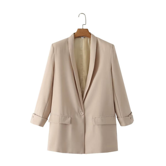 Fall Beige Cuff Turned Cuff Loose Casual Long Sleeves Blazer Women