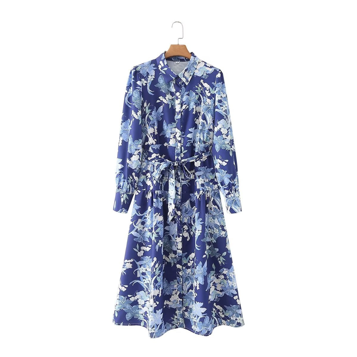 Autumn Floral Printing Series Belt Long Sleeve Shirt Maxi Dress