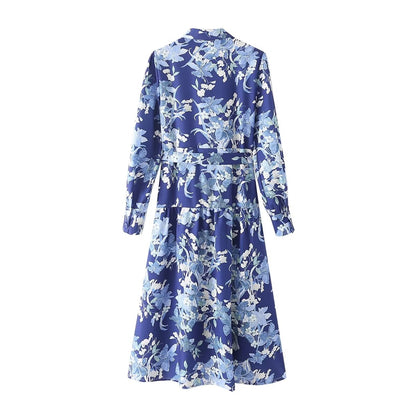 Autumn Floral Printing Series Belt Long Sleeve Shirt Maxi Dress