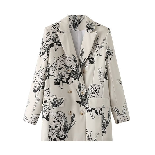 Autumn Women Clothing Black White Printed Blazer