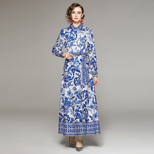 Women Blue And White Positioning Printed Dress With Belt