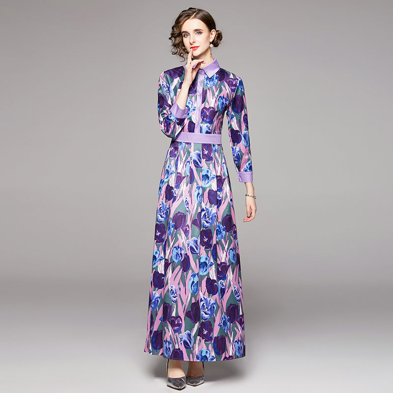 Women Collared Slim Positioning Print Dress