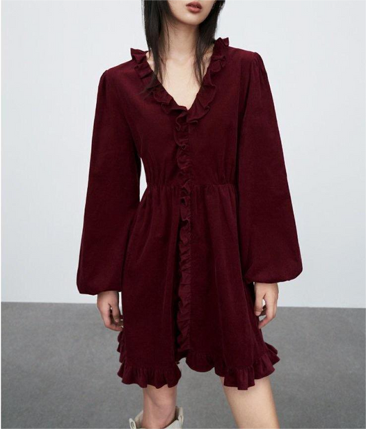 Winter Elegant V Neck Half Sleeve Ruffled Velvet A Line Dress Women