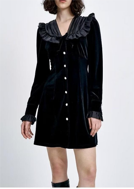 Winter Elegant V Neck Long Sleeve Single Breasted Stitching Velvet Dress Women