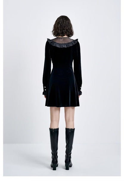 Winter Elegant V Neck Long Sleeve Single Breasted Stitching Velvet Dress Women