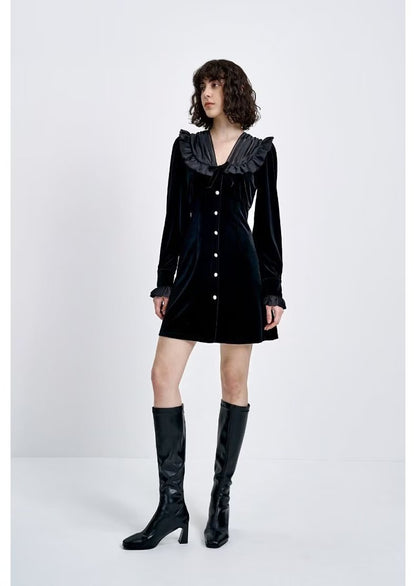 Winter Elegant V Neck Long Sleeve Single Breasted Stitching Velvet Dress Women