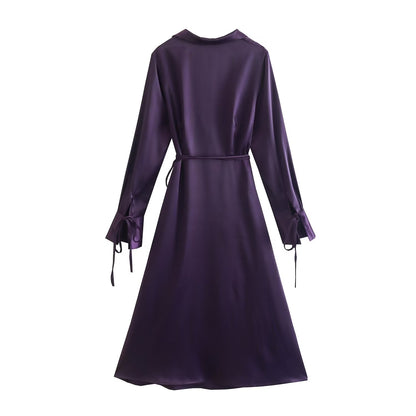 Autumn Women Satin Stomach Blanket Cuff Self Tie Dress Dress