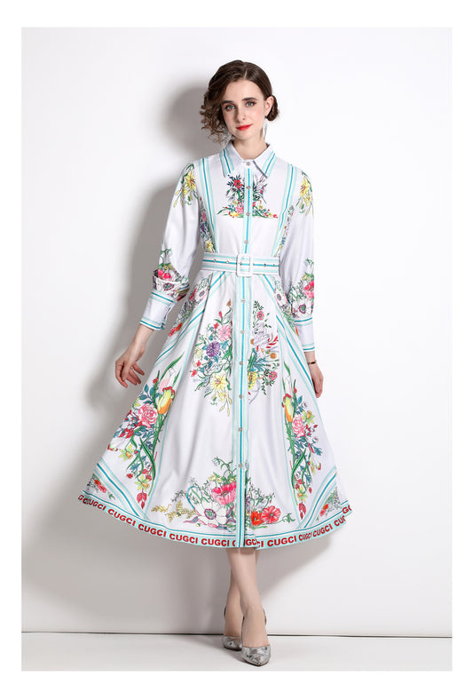 Women Spring Fall Printed Collared Shirt A Line Midi Dress