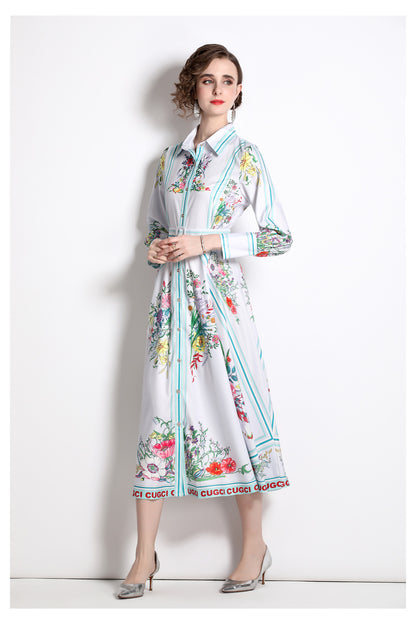 Women Spring Fall Printed Collared Shirt A Line Midi Dress