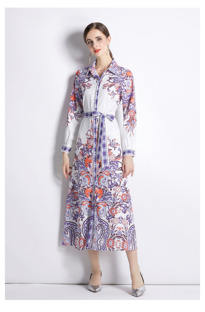 Women Spring Fall Collared Neck Printed Midi A Line Dress