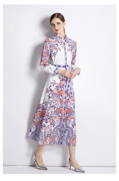 Women Spring Fall Collared Neck Printed Midi A Line Dress