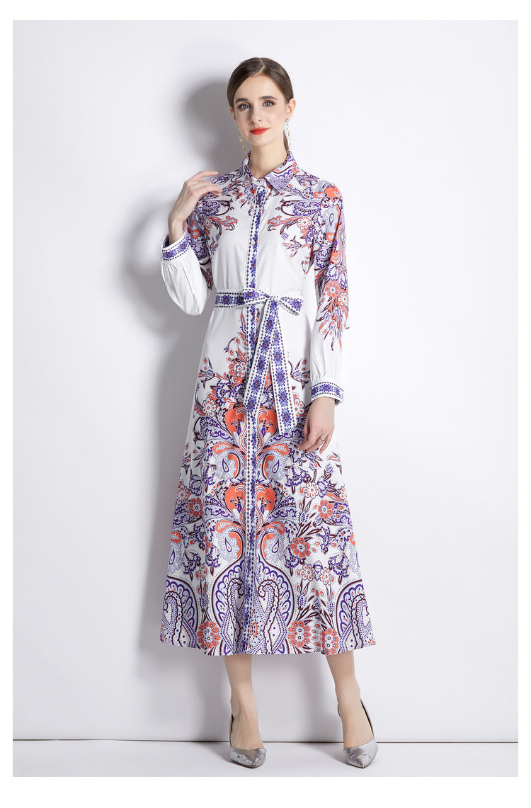 Women Spring Fall Collared Neck Printed Midi A Line Dress