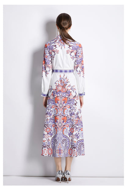 Women Spring Fall Collared Neck Printed Midi A Line Dress