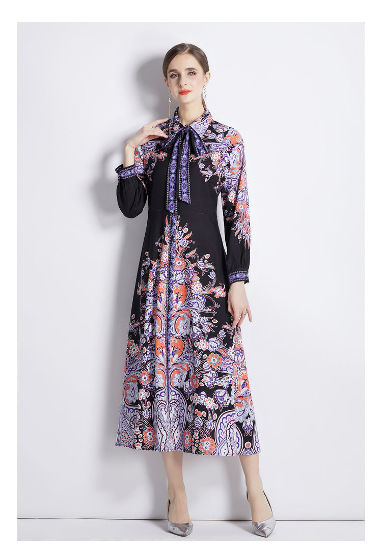 Women Spring Fall Long Sleeve Printed Midi A Line Dress