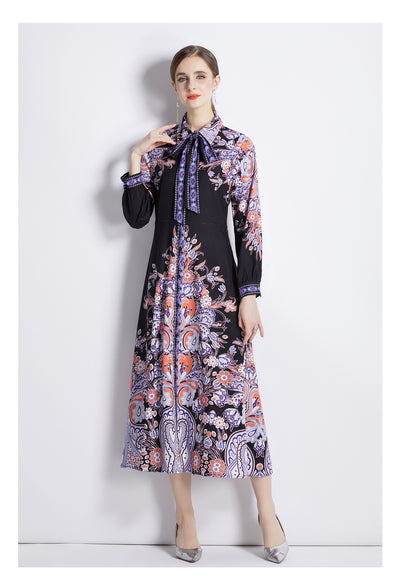 Women Spring Fall Long Sleeve Printed Midi A Line Dress