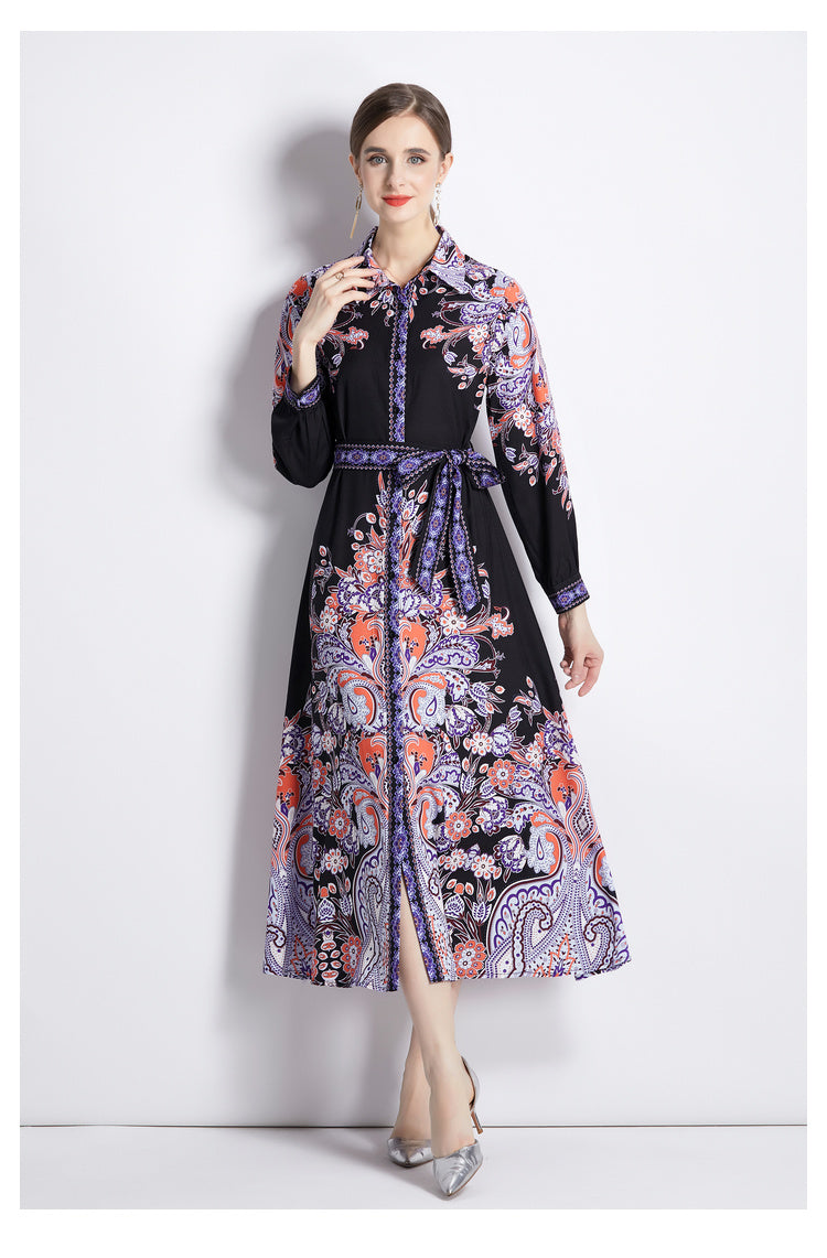 Women Spring Fall Long Sleeve Printed Midi A Line Dress