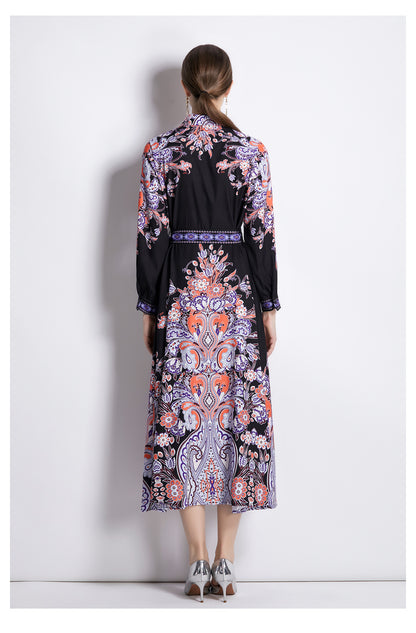 Women Spring Fall Long Sleeve Printed Midi A Line Dress