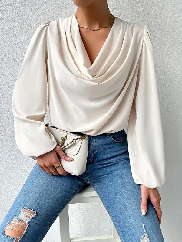 Long Sleeved Shirt Loose Draped V neck Top T shirt Women Clothing