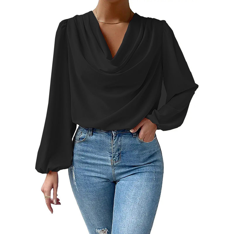 Long Sleeved Shirt Loose Draped V neck Top T shirt Women Clothing