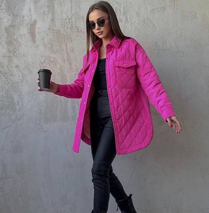 Long Breasted Collared Loose Warm Rhombus Cotton Padded Coat Autumn Winter Wild Thickened Cotton Padded Coat for Women