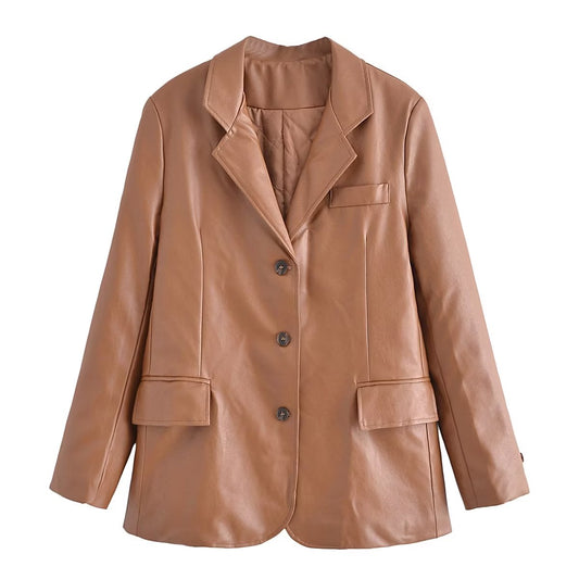 Winter Two Color Collared Leather Coat Cotton Blazers