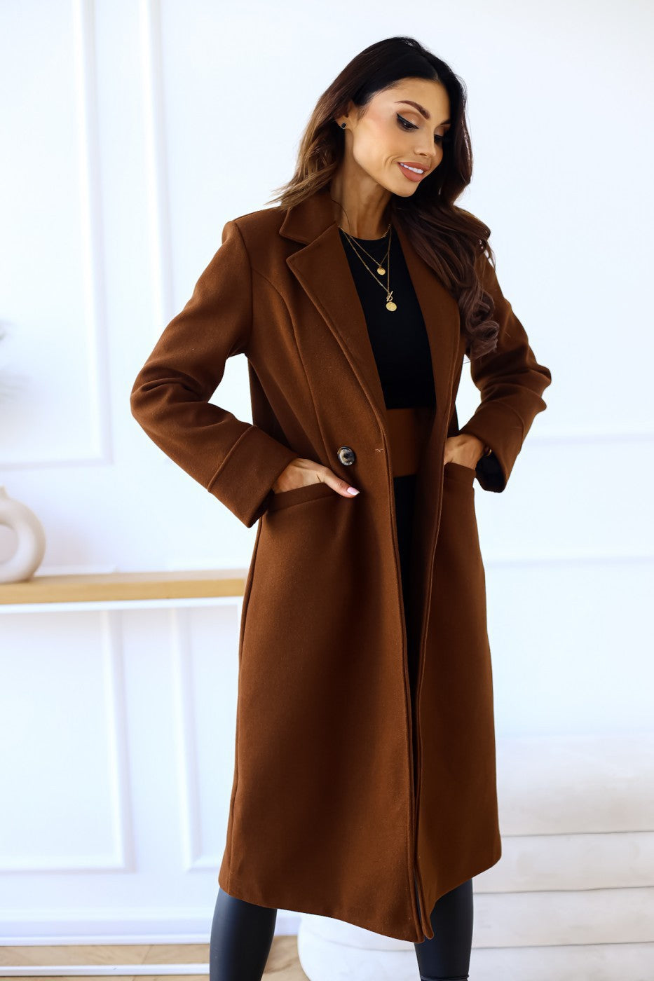 Autumn Winter Women Clothing Simple Solid Color Double Breasted Long Sleeve Collared Button Woolen Coat