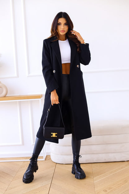 Autumn Winter Women Clothing Simple Solid Color Double Breasted Long Sleeve Collared Button Woolen Coat