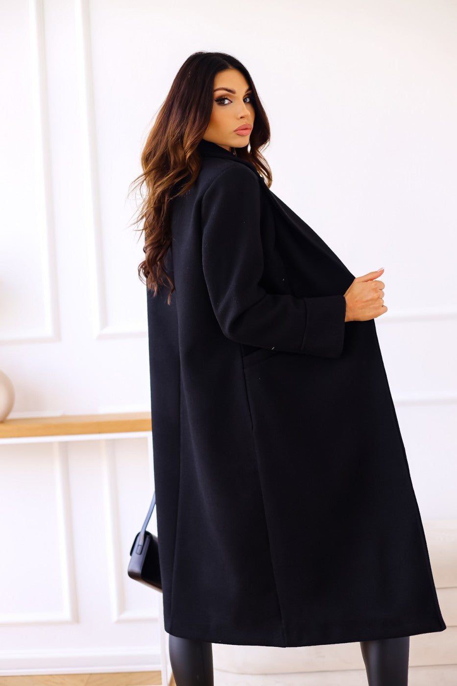 Autumn Winter Women Clothing Simple Solid Color Double Breasted Long Sleeve Collared Button Woolen Coat