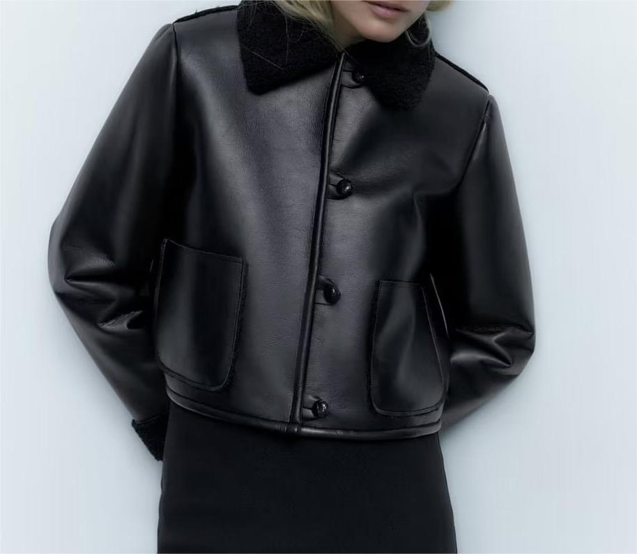 Winter Collared Single Breasted Black Faux Leather Warm Coat Women