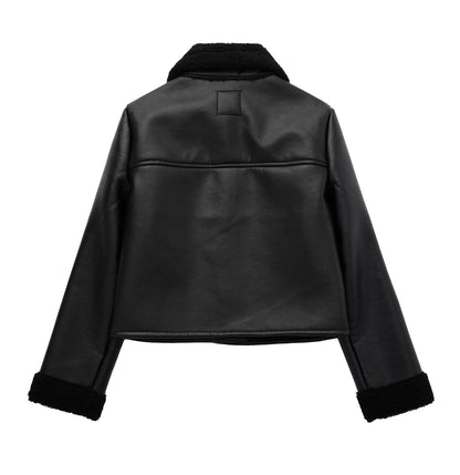 Winter Collared Single Breasted Black Faux Leather Warm Coat Women