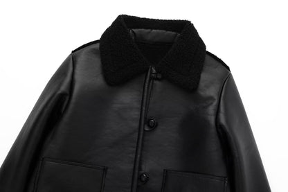 Winter Collared Single Breasted Black Faux Leather Warm Coat Women