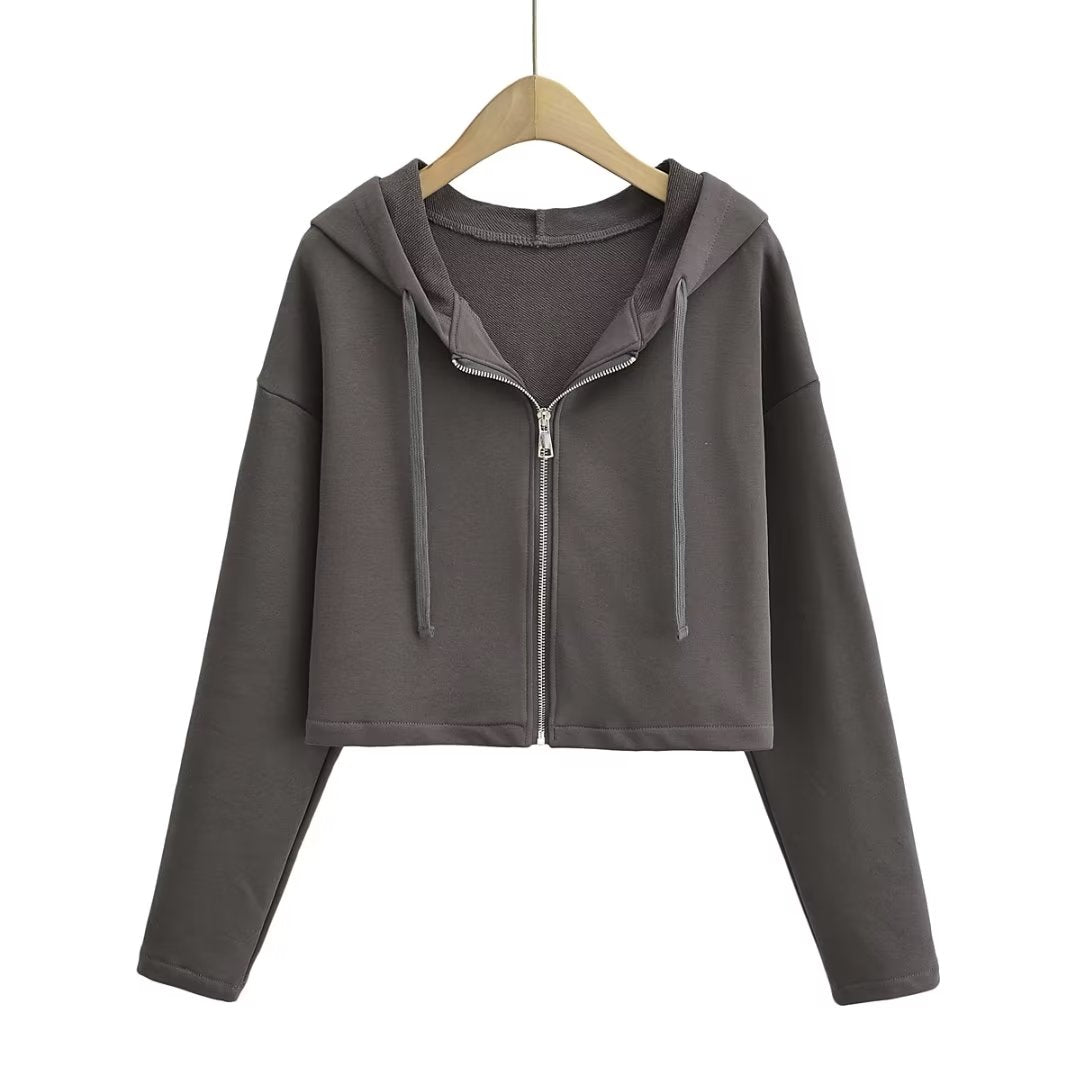 Autumn Loose Long Sleeve Short Casual Solid Color Top Hooded Sports Zipper Cardigan Sweater Coat Women