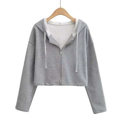 Autumn Loose Long Sleeve Short Casual Solid Color Top Hooded Sports Zipper Cardigan Sweater Coat Women