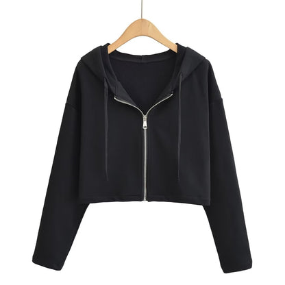 Autumn Loose Long Sleeve Short Casual Solid Color Top Hooded Sports Zipper Cardigan Sweater Coat Women