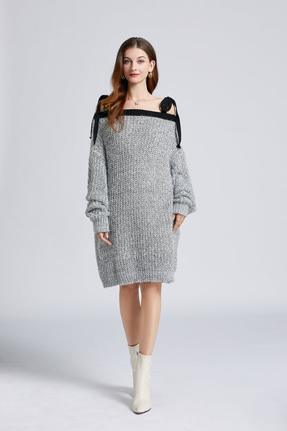 Women  New Fall Winter Sexy Shoulder Strap Sparkling Silver Silk Bright Line Lazy Sweater Loose Dress
