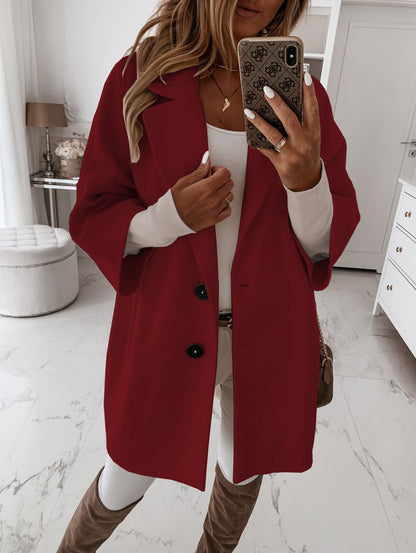 Autumn Winter Three Quarter Sleeve Button Collared Pocket Woolen Coat Women Clothing