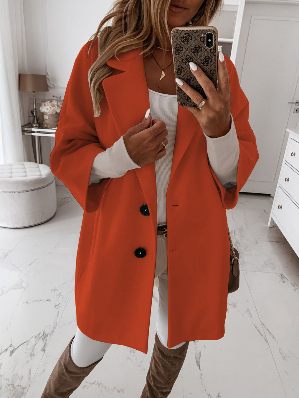 Autumn Winter Three Quarter Sleeve Button Collared Pocket Woolen Coat Women Clothing