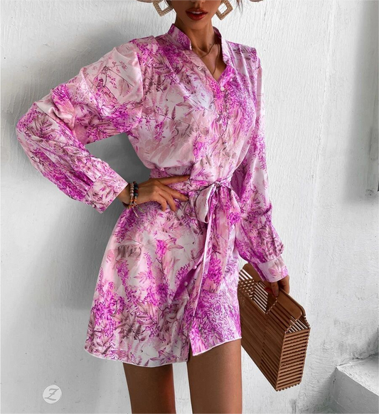 Summer Women  Clothing Shirt Tie Shoulder Floral Long Sleeve Printed Slim Dress