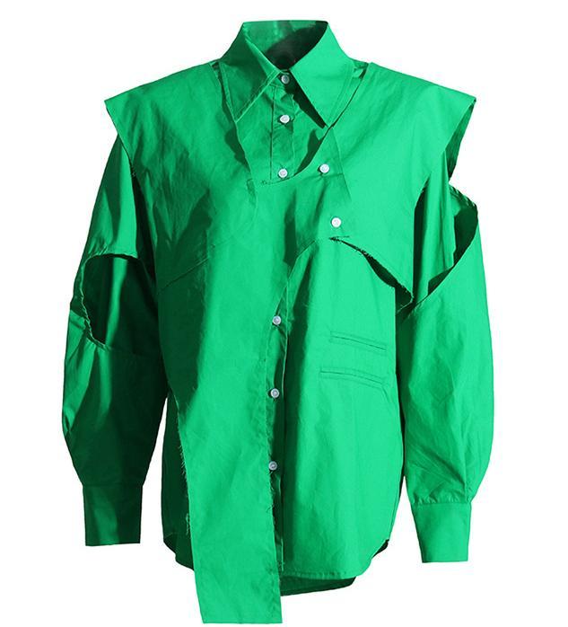 Green Fresh Loose Casual Shirt Autumn Polo Collar Long Sleeve Hollow Out Cutout out Removable Two Piece Vest Set