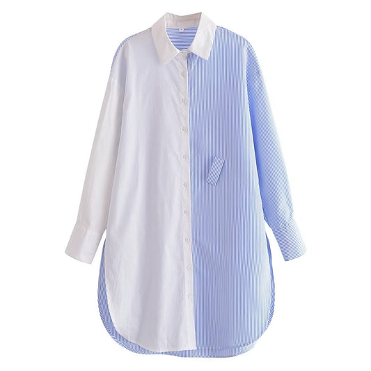 Light Blue Vertical Stripes Shirt Women Autumn Single Pocket Long Sleeve Slimming Shirt Dress