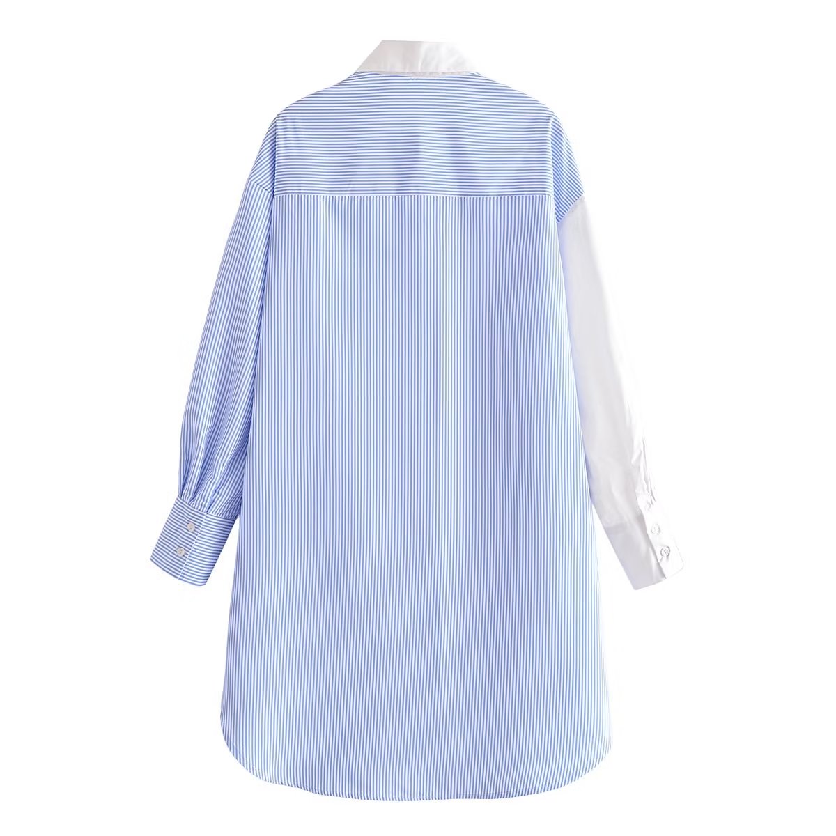 Light Blue Vertical Stripes Shirt Women Autumn Single Pocket Long Sleeve Slimming Shirt Dress