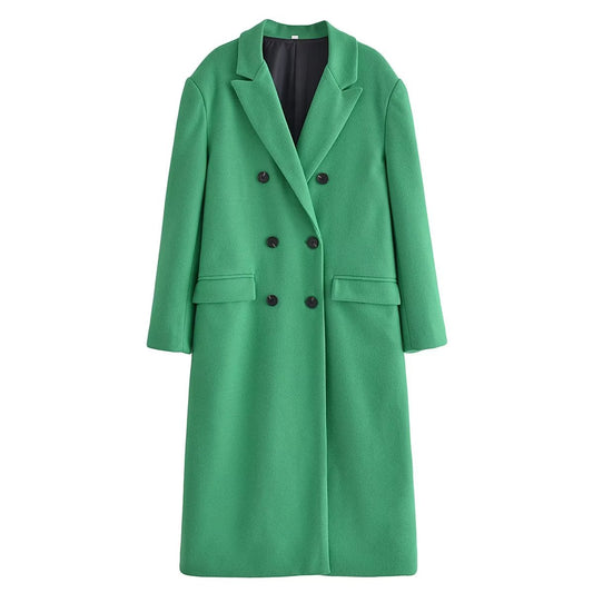 Women Clothing Mid Length Green Double Breasted Long Sleeve Woolen Coat Outerwear