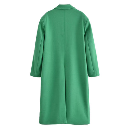 Women Clothing Mid Length Green Double Breasted Long Sleeve Woolen Coat Outerwear