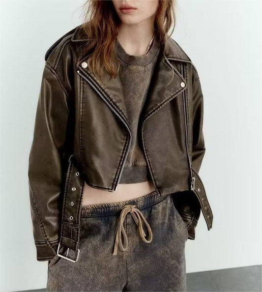 Small Leather Coat Women Short Korean Slim Fitting Biker Faux Leather Jacket Slimming Small Coat